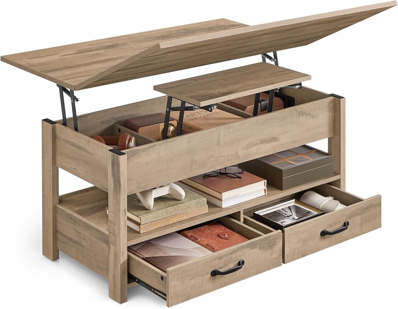 Masuta de cafea cu blat rabatabil, Vasagle Lift-Top, 100x50x49.1-64.1 cm, PAL/otel, camel - imagine 7